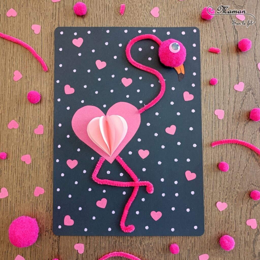 Créer un flamant rose amoureux avec des coeurs : activité créative et manuelle enfants - Plusieurs coeurs collés ensemble pour créer un effet 3D en relief - Cou et pattes avec fils chenille et tête avec pompons - Flamant rose plein de coeurs et d'amour - Découpage, collage, graphismes - Bricolage facile et rapide - Thème été, oiseaux, animaux savane, amour, saint-valentin - Bricolage et décoration sympa et facile - Arts visuels maternelle et élémentaire - Cycles 1 et 2 - Créativité - tutoriel photos - mslf