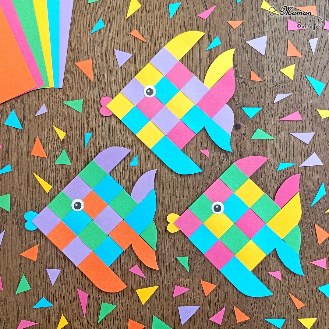 Fabriquer des poissons Damier en bandes de papier : activité créative et manuelle enfants - Découpage, collage, tissage de papier - Géométrie, utilisation de la règle - Poissons tropicaux ultra colorés - Coeur pour la bouche, Gommettes Yeux - Bricolage facile et rigolo - Découpage, collage - Thème poissons, animaux marins, mer, océans, été, 1er avril - Bricolage et décoration sympa et facile - Arts visuels maternelle et élémentaire - Cycles 1 et 2 - Créativité - tutoriel photos et vidéo - mslf