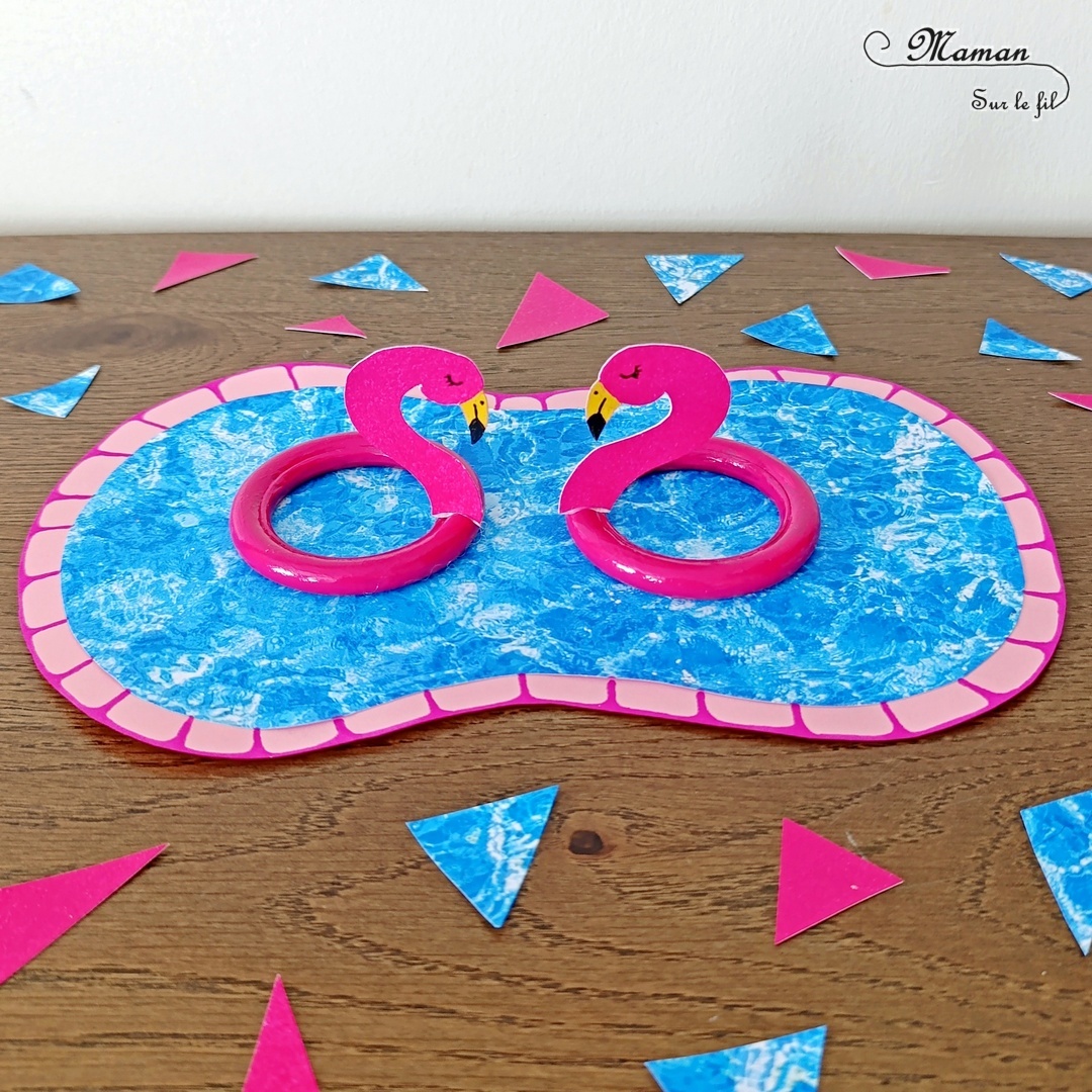 Fabriquer des bouées Flamants Roses avec des anneaux de rideaux : activité créative, récup', peinture et manuelle enfants - Peindre les anneaux de rideaux en rose - Découper et dessiner les têtes de flamants roses dans du papier rose - Piscine en papier avec eau imprimée - Bricolage facile et rapide pour jeu DIY (pour figurines, poupées, Playmobil... - Thème été, vacances, piscine, camping, oiseaux - Bricolage et décoration sympa et facile - Arts visuels maternelle et élémentaire - Cycles 1 et 2 - Créativité - tutoriel photos - mslf