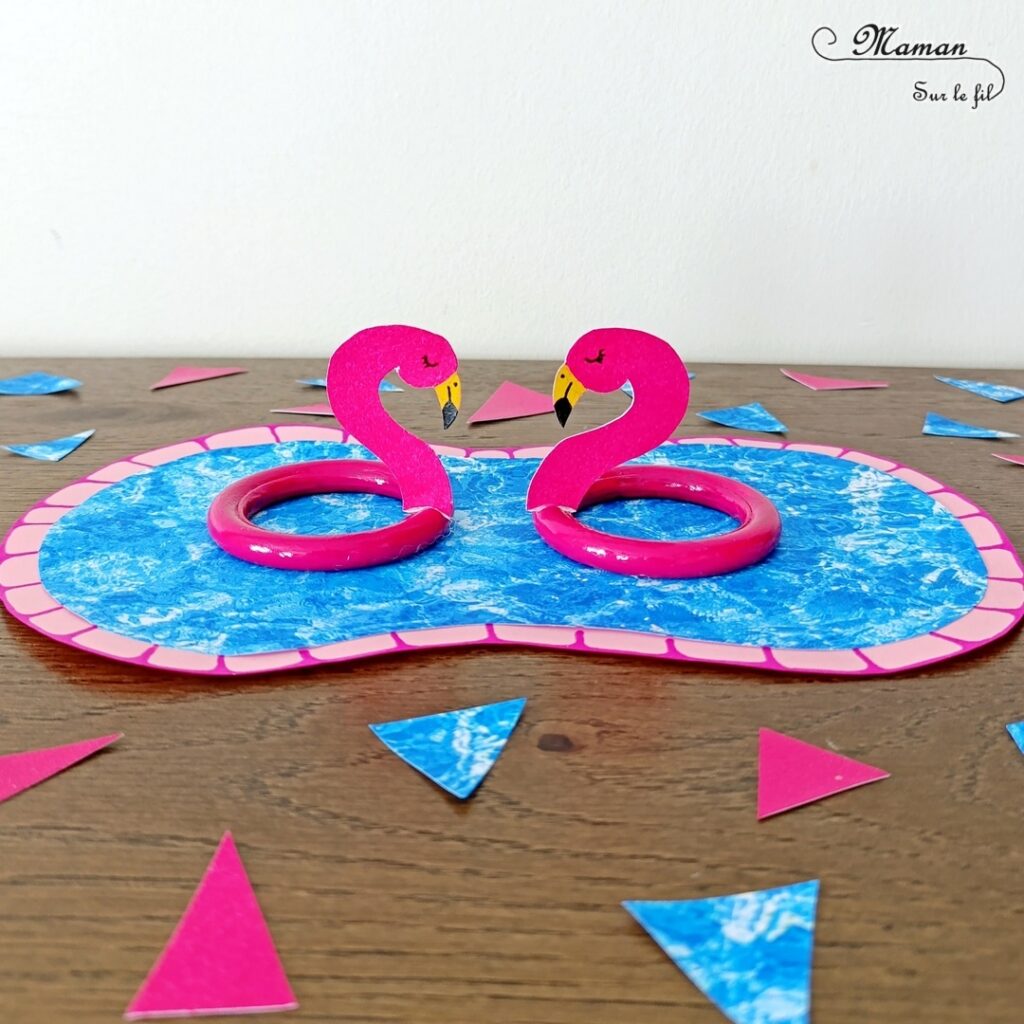 Fabriquer des bouées Flamants Roses avec des anneaux de rideaux : activité créative, récup', peinture et manuelle enfants - Peindre les anneaux de rideaux en rose - Découper et dessiner les têtes de flamants roses dans du papier rose - Piscine en papier avec eau imprimée - Bricolage facile et rapide pour jeu DIY (pour figurines, poupées, Playmobil... - Thème été, vacances, piscine, camping, oiseaux - Bricolage et décoration sympa et facile - Arts visuels maternelle et élémentaire - Cycles 1 et 2 - Créativité - tutoriel photos - mslf