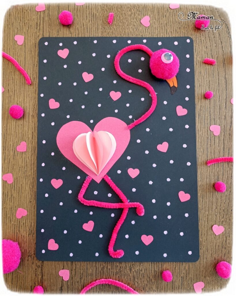 Créer un flamant rose amoureux avec des coeurs : activité créative et manuelle enfants - Plusieurs coeurs collés ensemble pour créer un effet 3D en relief - Cou et pattes avec fils chenille et tête avec pompons - Flamant rose plein de coeurs et d'amour - Découpage, collage, graphismes - Bricolage facile et rapide - Thème été, oiseaux, animaux savane, amour, saint-valentin - Bricolage et décoration sympa et facile - Arts visuels maternelle et élémentaire - Cycles 1 et 2 - Créativité - tutoriel photos - mslf