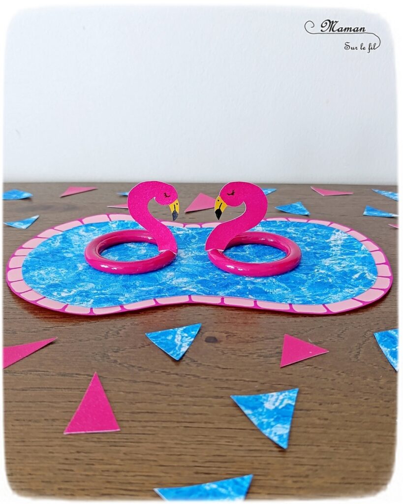 Fabriquer des bouées Flamants Roses avec des anneaux de rideaux : activité créative, récup', peinture et manuelle enfants - Peindre les anneaux de rideaux en rose - Découper et dessiner les têtes de flamants roses dans du papier rose - Piscine en papier avec eau imprimée - Bricolage facile et rapide pour jeu DIY (pour figurines, poupées, Playmobil... - Thème été, vacances, piscine, camping, oiseaux - Bricolage et décoration sympa et facile - Arts visuels maternelle et élémentaire - Cycles 1 et 2 - Créativité - tutoriel photos - mslf