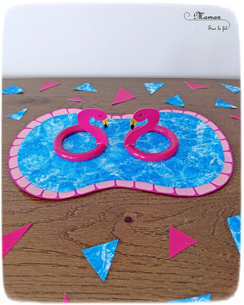 Fabriquer des bouées Flamants Roses avec des anneaux de rideaux : activité créative, récup', peinture et manuelle enfants - Peindre les anneaux de rideaux en rose - Découper et dessiner les têtes de flamants roses dans du papier rose - Piscine en papier avec eau imprimée - Bricolage facile et rapide pour jeu DIY (pour figurines, poupées, Playmobil... - Thème été, vacances, piscine, camping, oiseaux - Bricolage et décoration sympa et facile - Arts visuels maternelle et élémentaire - Cycles 1 et 2 - Créativité - tutoriel photos - mslf