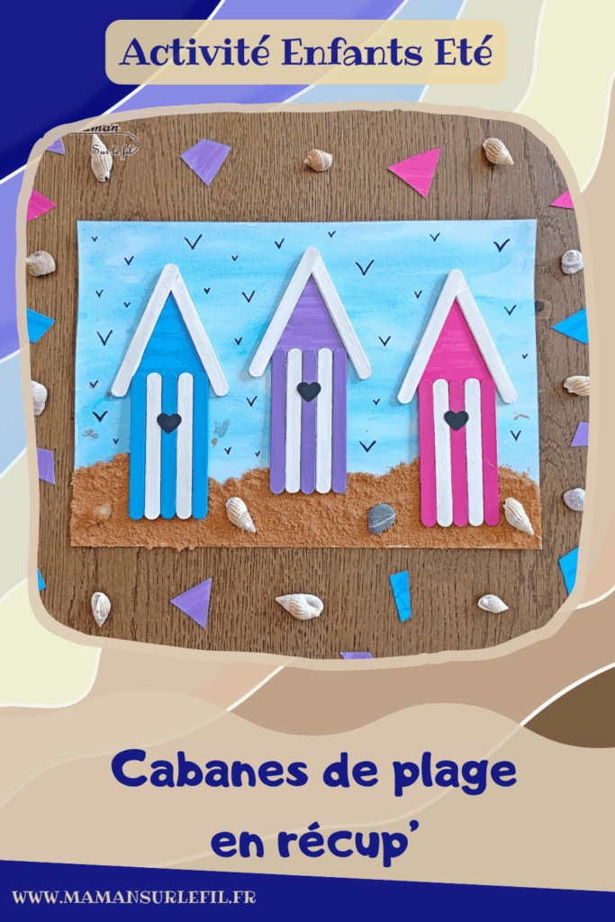 Créer des cabanes de plage avec des bâtonnets de glace en bois : activité créative, récup', peinture et manuelle enfants - Peindre les bâtonnets de bois en blanc et en couleur - Cabanes de plages rayées en récup'- Ouverture en forme de coeur - Collés sur un fond peint à l'aquarelle bleue pour le ciel et peinture marron + sable pour le sable - Effet de volume et de texture - Coquillages en décoration - Dessin et graphismes pour les oiseaux - Bricolage facile et rapide - Thème été, vacances, plage, mer - Bricolage et décoration sympa et facile - Arts visuels maternelle et élémentaire - Cycles 1 et 2 - Créativité - tutoriel photos - mslf