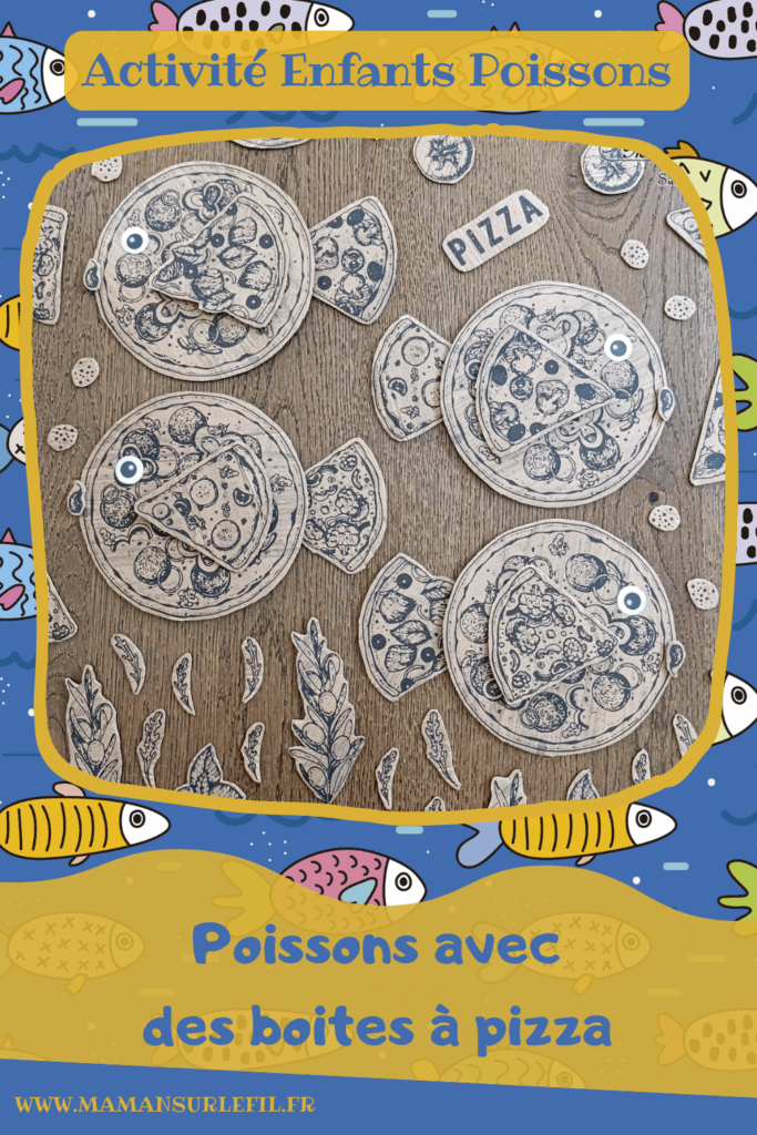 Fabriquer des poissons en récup' de boites à pizza : activité créative, récup' et manuelle enfants - Recyclage et surcyclage de boites à pizza en carton - Découpage et imagination - Mise en place d'une scène de fonds marins : poissons, algues, bulles... - Bricolage facile et rigolo - Découpage, collage - Gommettes Yeux - Thème poissons, animaux marins, mer, océans, été, 1er avril - Bricolage et décoration sympa et facile - Arts visuels maternelle et élémentaire - Cycles 1 et 2 - Créativité - tutoriel photos - mslf