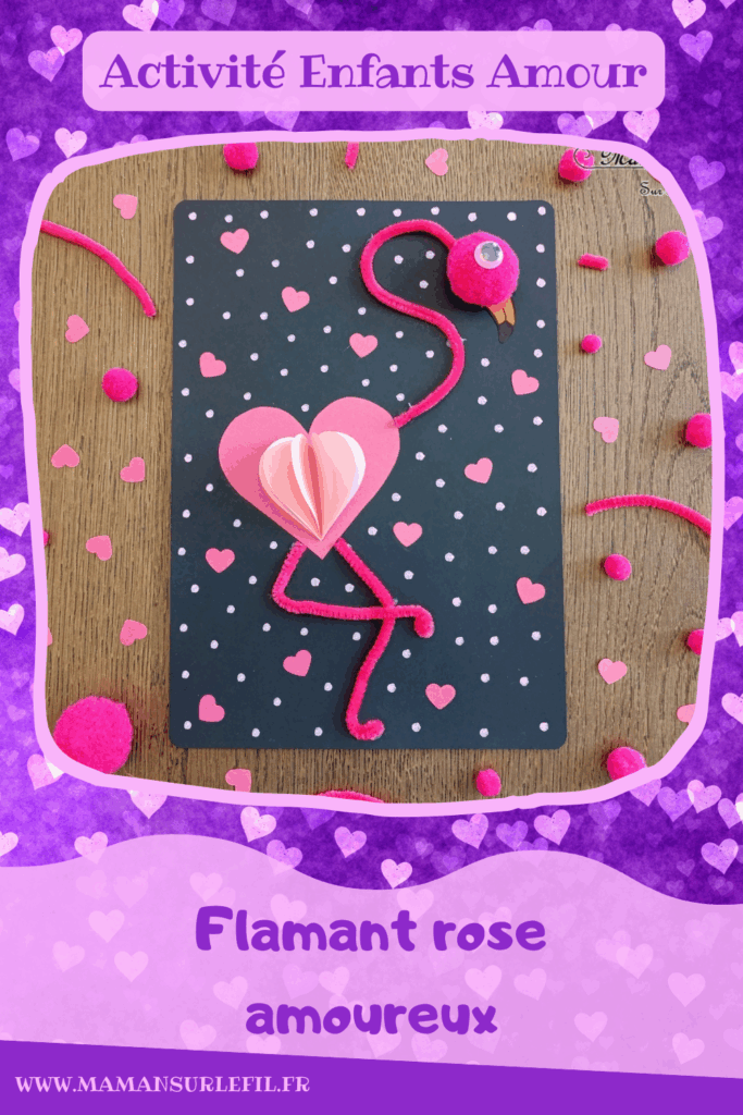 Créer un flamant rose amoureux avec des coeurs : activité créative et manuelle enfants - Plusieurs coeurs collés ensemble pour créer un effet 3D en relief - Cou et pattes avec fils chenille et tête avec pompons - Flamant rose plein de coeurs et d'amour - Découpage, collage, graphismes - Bricolage facile et rapide - Thème été, oiseaux, animaux savane, amour, saint-valentin - Bricolage et décoration sympa et facile - Arts visuels maternelle et élémentaire - Cycles 1 et 2 - Créativité - tutoriel photos - mslf