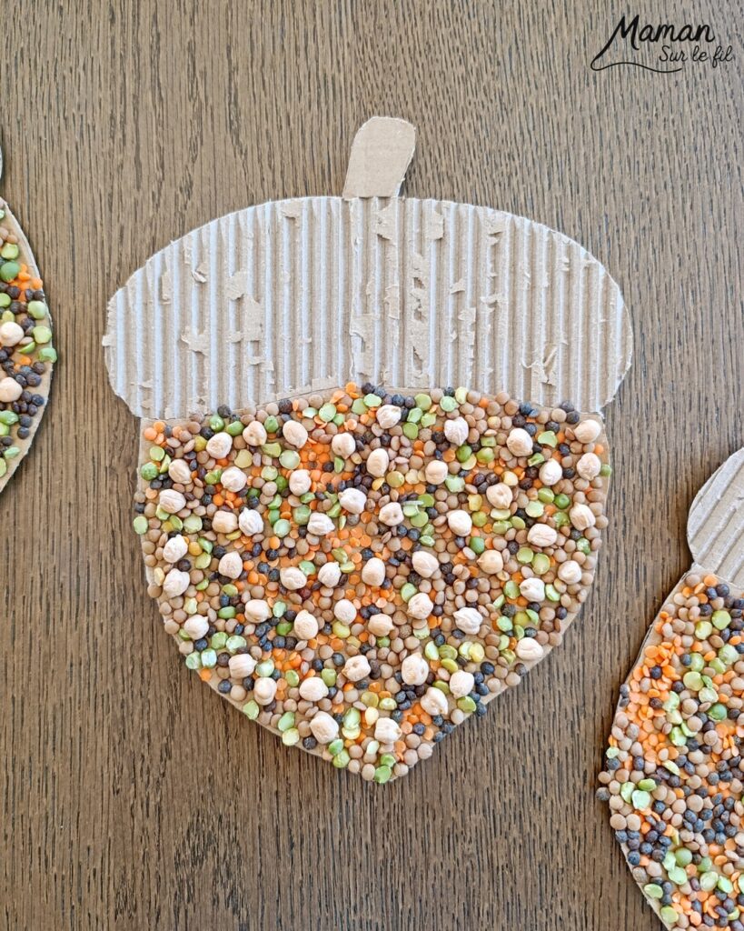 Fabriquer des glands en carton et en légumes secs : activité créative, récup' et manuelle enfants - Recyclage, surcyclage de carton ondulé et déchiré - Collage de légumes secs comme des lentilles (blondes, brunes, corail), des pois cassés, des pois chiche... - Couleurs automnales - Land art d'automne - Bricolage DIY facile et rapide - Thème automne, forêt, bois, chênes, légumes secs, graines, glands, aliments d'automne - Décoration DIY - Bricolage et décoration sympa et facile - Arts visuels maternelle et élémentaire - Cycles 1 et 2 - Créativité - tutoriel photos - mslf