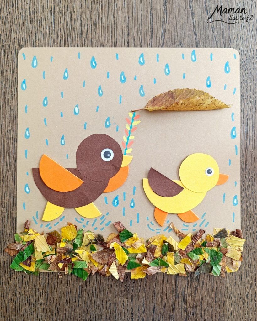 Créer des petits oiseaux d'automne sous la pluie : activité créative, nature et manuelle enfants - Oiseaux ou canards automnaux en cercles de papier - Découpage, collage, géométrie, utilisation du compas, pliage - Land art avec collage de feuilles mortes - Abrités sous parapluie fabriqué avec une feuille d'automnale - Dessine et graphismes - Couleurs automnales - Bricolage DIY facile et rapide - Thème automne, animaux de la forêt, des bois, de la ferme, oiseaux, canards, pluie, météo, nature - Décoration DIY - Bricolage et décoration sympa et facile - Arts visuels maternelle et élémentaire - Cycles 1 et 2 - Créativité - tutoriel photos - mslf