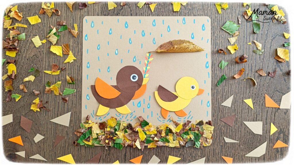 Créer des petits oiseaux d'automne sous la pluie : activité créative, nature et manuelle enfants - Oiseaux ou canards automnaux en cercles de papier - Découpage, collage, géométrie, utilisation du compas, pliage - Land art avec collage de feuilles mortes - Abrités sous parapluie fabriqué avec une feuille d'automnale - Dessine et graphismes - Couleurs automnales - Bricolage DIY facile et rapide - Thème automne, animaux de la forêt, des bois, de la ferme, oiseaux, canards, pluie, météo, nature - Décoration DIY - Bricolage et décoration sympa et facile - Arts visuels maternelle et élémentaire - Cycles 1 et 2 - Créativité - tutoriel photos - mslf