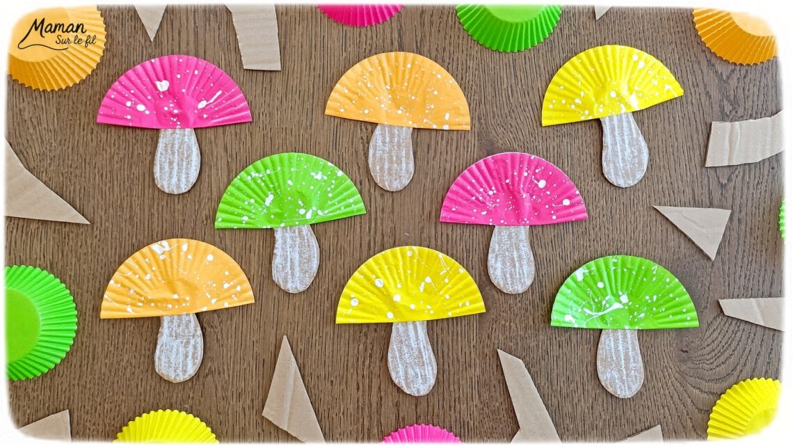 Fabriquer des champignons colorés avec des caissettes à cupcakes et du carton : activité créative, récup' et manuelle enfants - Recyclage, surcyclage de carton - Peinture blanche éclaboussée à la façon de Jackson Pollock pour les tâches du chapeau - Pastel à l'huile blanc frotté sur le carton pour le pied du champignon - - Couleurs automnales - Bricolage DIY facile et rapide - Thème automne, forêt, bois, champignons, aliments d'automne - Décoration DIY - Bricolage et décoration sympa et facile - Arts visuels maternelle et élémentaire - Cycles 1 et 2 - Créativité - tutoriel photos - mslf
