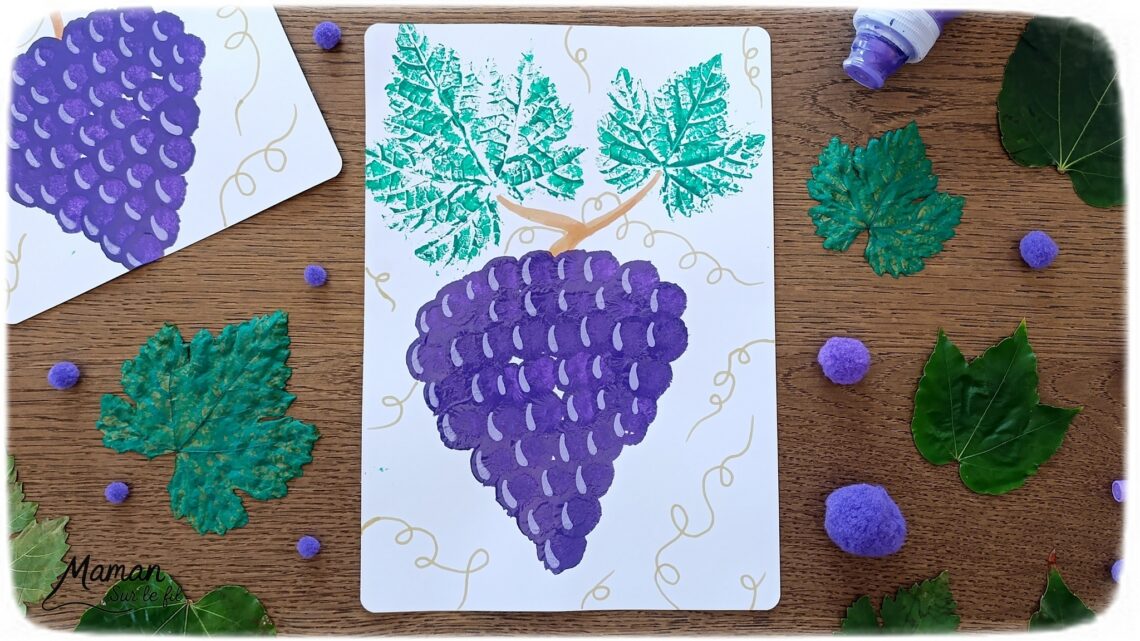 Peindre une grappe de raisin avec des empreintes de feuilles et des pompons : activité créative, peinture et manuelle enfants - Land art, art nature avec empreintes de feuilles de vigne - Dessin - Grains de raisin peints avec un pompon et une pince à linge - Dessin des reflets des grains et graphismes - Bricolage DIY facile et rapide - Thème automne, raisins, fruits et légumes, potager - Décoration DIY - Bricolage et décoration sympa et facile - Arts visuels maternelle et élémentaire - Cycles 1 et 2 - Créativité - tutoriel photos et vidéo - mslf
