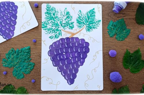 Peindre une grappe de raisin avec des empreintes de feuilles et des pompons : activité créative, peinture et manuelle enfants - Land art, art nature avec empreintes de feuilles de vigne - Dessin - Grains de raisin peints avec un pompon et une pince à linge - Dessin des reflets des grains et graphismes - Bricolage DIY facile et rapide - Thème automne, raisins, fruits et légumes, potager - Décoration DIY - Bricolage et décoration sympa et facile - Arts visuels maternelle et élémentaire - Cycles 1 et 2 - Créativité - tutoriel photos et vidéo - mslf