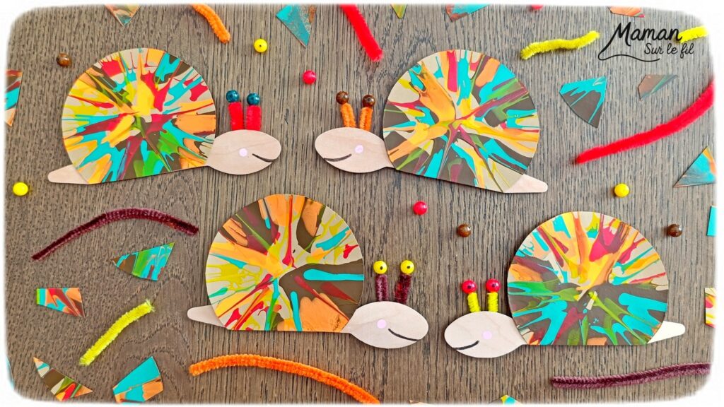 Peindre des escargots d'automne à l'essoreuse à salade : activité créative, peinture, récup' et manuelle enfants - Technique de peinture rigolote et recyclage, surcyclage de cuillères en bois - Coquilles peintes à l'essoreuse - Corps, tête et queue avec cuillères - Antennes et yeux avec fils chenille et perles - Géométrie, utilisation du compas, découpage - Couleurs automnales - Bricolage DIY facile et rapide - Thème automne, animaux de la forêt, des bois, insectes et autres petites bêtes - Décoration DIY - Bricolage et décoration sympa et facile - Arts visuels maternelle et élémentaire - Cycles 1 et 2 - Créativité - tutoriel photos - mslf