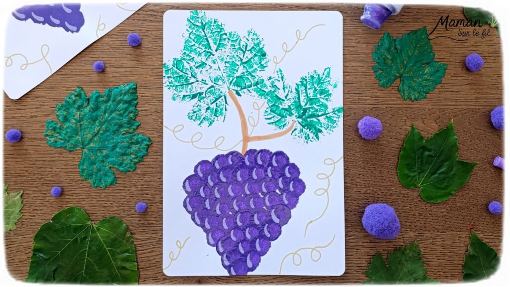 Peindre une grappe de raisin avec des empreintes de feuilles et des pompons : activité créative, peinture et manuelle enfants - Land art, art nature avec empreintes de feuilles de vigne - Dessin - Grains de raisin peints avec un pompon et une pince à linge - Dessin des reflets des grains et graphismes - Bricolage DIY facile et rapide - Thème automne, raisins, fruits et légumes, potager - Décoration DIY - Bricolage et décoration sympa et facile - Arts visuels maternelle et élémentaire - Cycles 1 et 2 - Créativité - tutoriel photos et vidéo - mslf