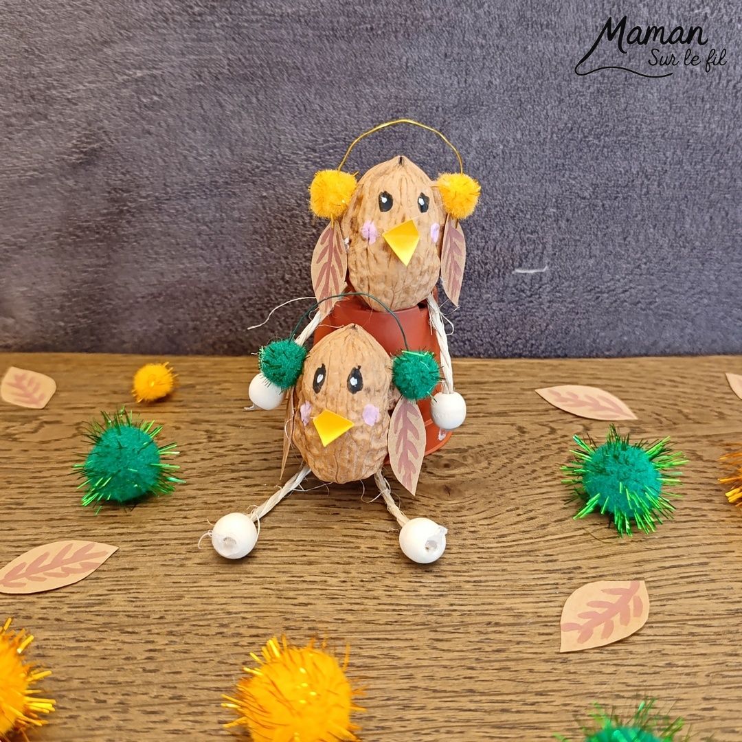 Fabriquer des petits oiseaux d'automne avec des coquilles de noix : activité créative, nature et manuelle enfants - Oiseaux d'automne ou d'hiver avec leur cache-oreilles - Bricolage mignon avec coquilles de noix, pompons, fil de fer, perles, cordelettes, papier - Land art - Couleurs automnales - Bricolage DIY facile et rapide - Thème automne, animaux de la forêt, des bois, oiseaux, nature, hiver - Décoration DIY - Bricolage et décoration sympa et facile - Arts visuels maternelle et élémentaire - Cycles 1 et 2 - Créativité - tutoriel photos - mslf