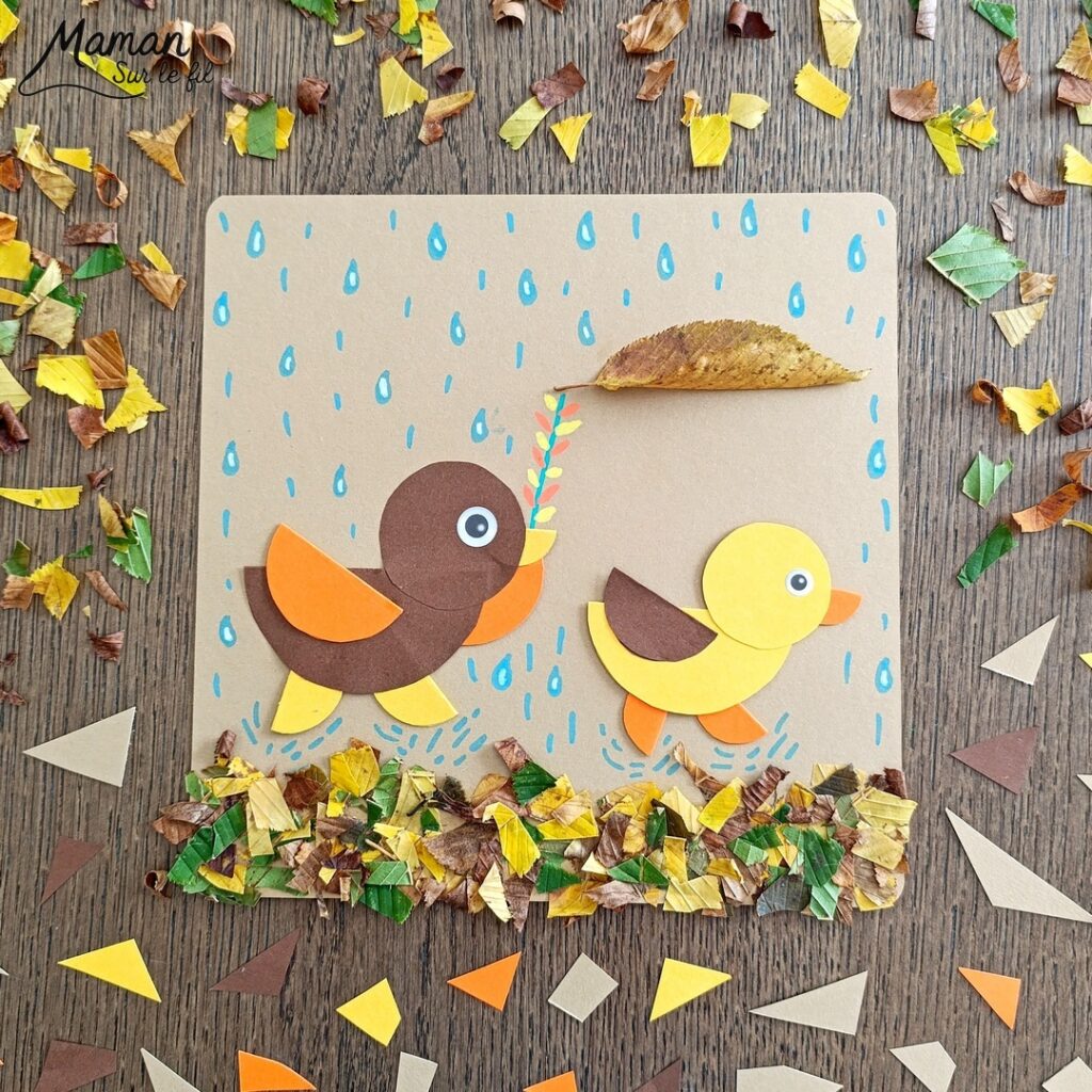 Créer des petits oiseaux d'automne sous la pluie : activité créative, nature et manuelle enfants - Oiseaux ou canards automnaux en cercles de papier - Découpage, collage, géométrie, utilisation du compas, pliage - Land art avec collage de feuilles mortes - Abrités sous parapluie fabriqué avec une feuille d'automnale - Dessine et graphismes - Couleurs automnales - Bricolage DIY facile et rapide - Thème automne, animaux de la forêt, des bois, de la ferme, oiseaux, canards, pluie, météo, nature - Décoration DIY - Bricolage et décoration sympa et facile - Arts visuels maternelle et élémentaire - Cycles 1 et 2 - Créativité - tutoriel photos - mslf