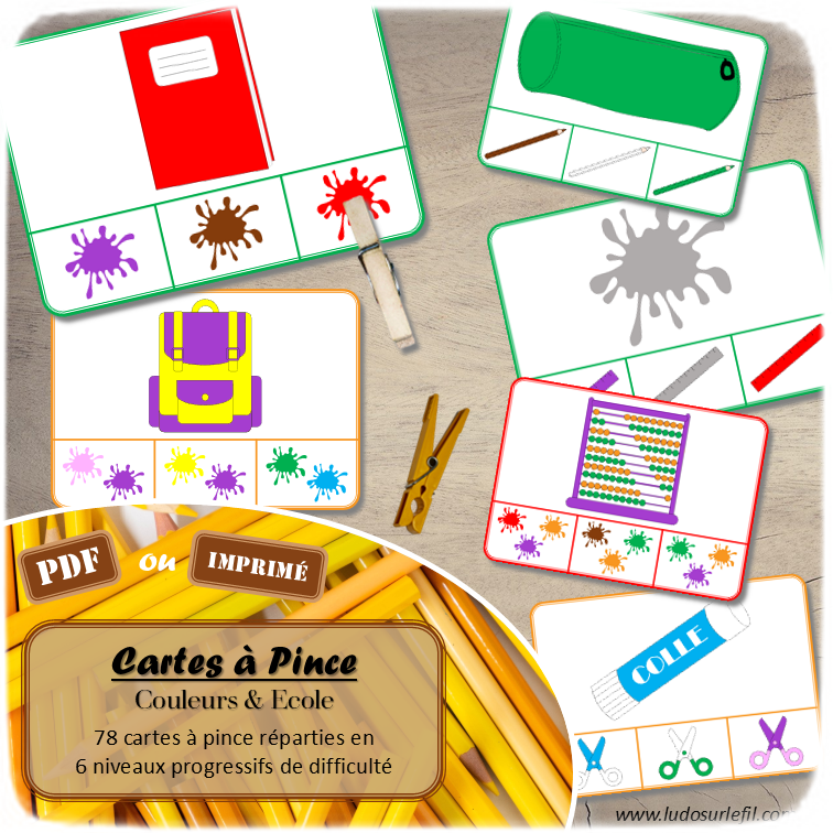 Jeu de cartes à pince sur les couleurs, l'école et la rentrée scolaire - Pour un thème sur les fournitures scolaires - 78 cartes réparties en 6 niveaux de difficulté - progressif - 1, 2, 3 couleurs - Objets et couleurs ou deux objets différents - Autocorrection au dos - Atelier préscolaire et maternelle autonome - Thème Ecole et rentrée scolaire - Support pédagogique - Document PDF à télécharger et imprimer ou jeu imprimé - Motricité fine et pince Pouce-Index avec pinces à linge - ludique - lslf