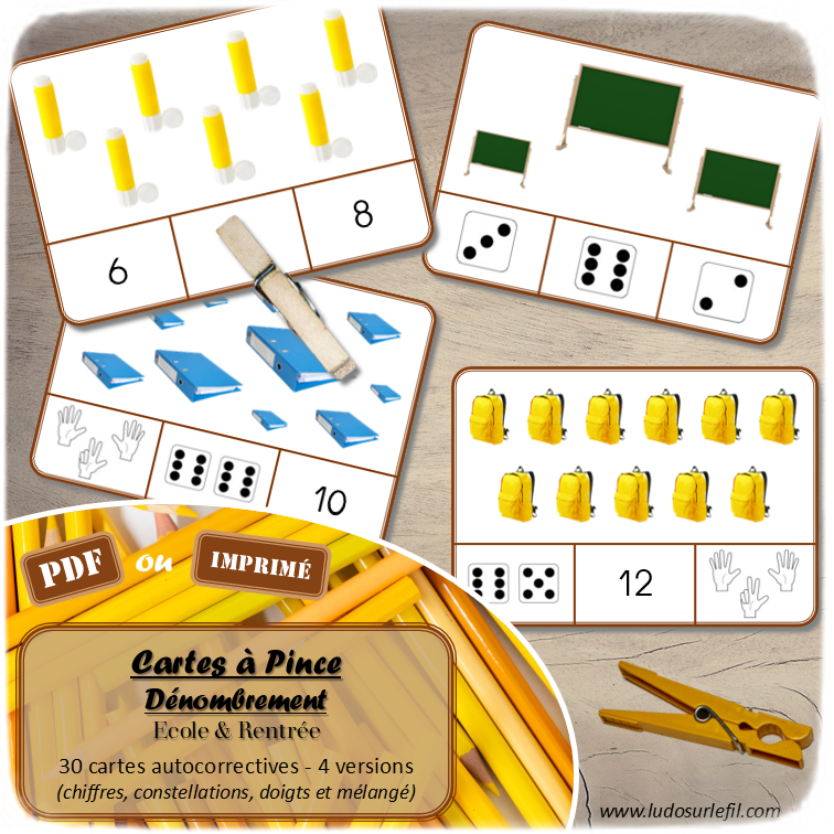 Jeu de cartes à pince de dénombrement de 1 à 15 - Thème Ecole et rentrée scolaire - 30 cartes autocorrectives avec différentes représentations des nombres - constellations du dé, chiffres, doigts de la main, mélangé - compter de 1 à 15 - 120 cartes réparties en 4 niveaux de difficulté - progressif - Autocorrection au dos - Atelier autonome maternelle ou élémentaire - Cycles 1 et 2 - Document PDF à télécharger et imprimer ou jeu imprimé - Motricité fine et pince Pouce-Index avec pinces à linge - ludique - Thème école, rentrée scolaire, fournitures scolaires - lslf