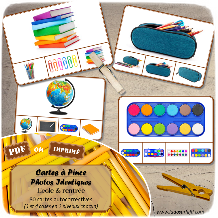 Jeu de cartes à pince - Photos identiques - Thème Ecole et rentrée scolaire - 80 cartes autocorrectives de différents niveaux - 3 ou 4 propositions de réponses - Niveau 1 : objets différents - Niveau 2 : objets issus de la même catégorie - différents niveaux de difficulté - progressif - Autocorrection au dos : point grisé - Atelier autonome pré-scolaire, maternelle ou élémentaire - Cycles 1 et 2 - Document PDF à télécharger et imprimer ou jeu imprimé - Motricité fine et pince Pouce-Index avec pinces à linge, observation, discrimination visuelle, logique - ludique - Thème école, rentrée, fournitures scolaires - lslf