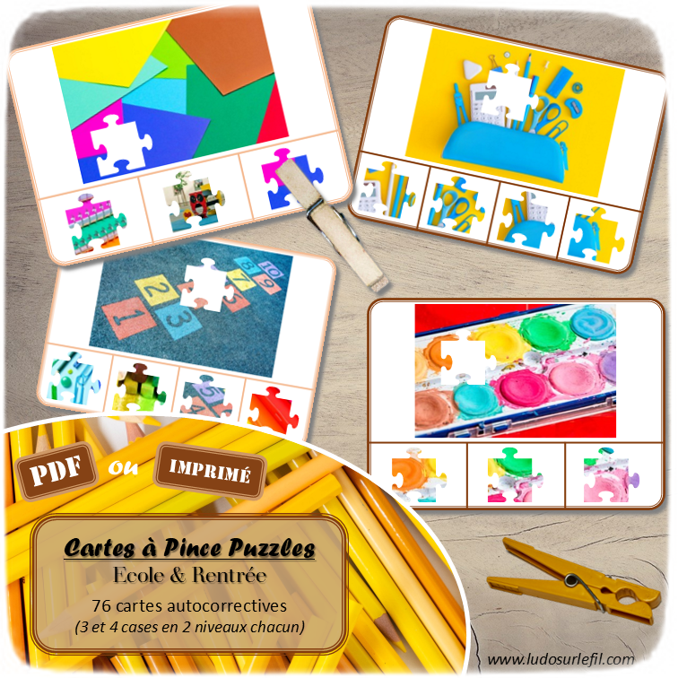 Jeu de cartes à pince - Puzzles - Thème Ecole et rentrée scolaire - 76 cartes autocorrectives de différents niveaux - 3 ou 4 propositions de réponses - Niveau 1 : pièces issues de puzzles différents - Niveau 2 : pièces issues du même puzzle - différents niveaux de difficulté - progressif - Autocorrection au dos : point grisé - Atelier autonome pré-scolaire, maternelle ou élémentaire - Cycles 1 et 2 - Document PDF à télécharger et imprimer ou jeu imprimé - Motricité fine et pince Pouce-Index avec pinces à linge, observation, discrimination visuelle, logique - ludique - Thème Ecole, Rentrée et fournitures scolaires - lslf