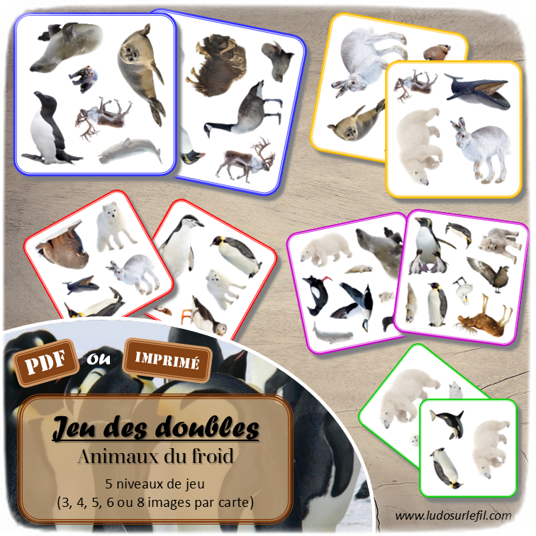 Jeu des doubles - Animaux de la banquise et du froid : manchots, oiseaux, mammifères, animaux marins... - 5 niveaux progressifs (3 4 5 6 ou 8 images) - Dobble - jeu pour travailler la discrimination visuelle, la rapidité l'observation et le lexique / vocabulaire autour des animaux du froid, de la banquise, des pôles, de l'hiver - Document PDF à télécharger et à imprimer ou jeu imprimé - lslf