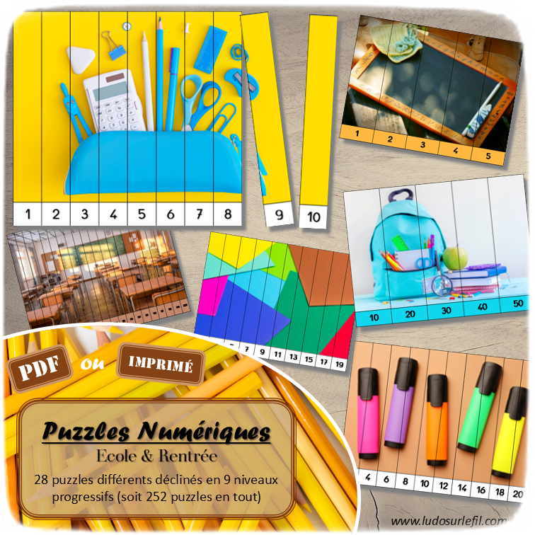Jeu Puzzles numériques - Ecole et Rentrée scolaire - 28 puzzles en 9 niveaux progressifs - Suite numérique de 1 à 20 - Comptage de 2 en 2 - Chiffres pairs et impairs - Comptage de 10 en 10 - Connaissance Chiffres et Dizaines - Mathématiques - Comptine numérique - Ecole, rentrée, fournitures scolaires, lieux - Atelier autonome maternelle et élémentaire - PDF à télécharger et imprimer ou jeu imprimé - cycles 1 ou 2 - lslf