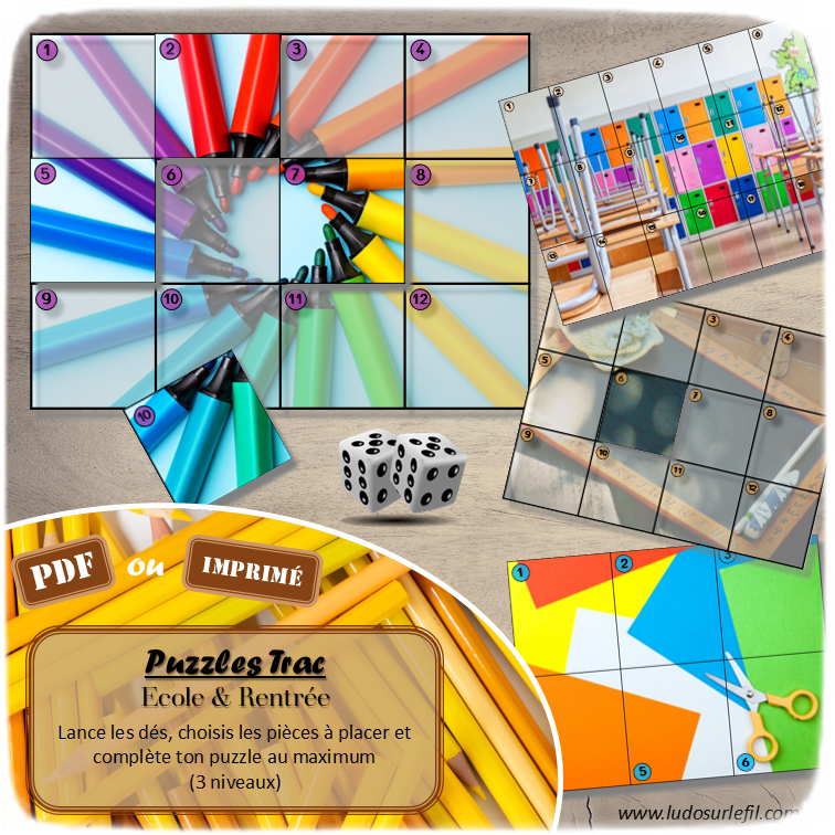 Jeu Puzzles Trac - Ecole et rentrée scolaire - inspiré du célèbre Shut the box - Fermer la boîte - Trac - lance les dés, choisis les pièces et complète ton puzzle au maximum - Mathématiques, constellations, dénombrement, additions, décomposition additive, stratégie, probabilité, différentes représentations nombre - Jeu de société en 3 niveaux progressifs - de 1 à 18 - Atelier maternelle et élémentaire - PDF à télécharger et imprimer ou jeu imprimé - cycles 1 ou 2 - calcul - Ecole, rentrée, fournitures scolaires - lslf