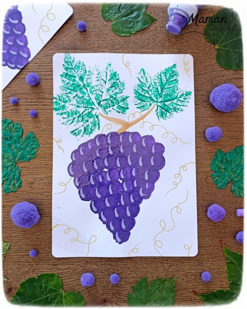 Peindre une grappe de raisin avec des empreintes de feuilles et des pompons : activité créative, peinture et manuelle enfants - Land art, art nature avec empreintes de feuilles de vigne - Dessin - Grains de raisin peints avec un pompon et une pince à linge - Dessin des reflets des grains et graphismes - Bricolage DIY facile et rapide - Thème automne, raisins, fruits et légumes, potager - Décoration DIY - Bricolage et décoration sympa et facile - Arts visuels maternelle et élémentaire - Cycles 1 et 2 - Créativité - tutoriel photos et vidéo - mslf