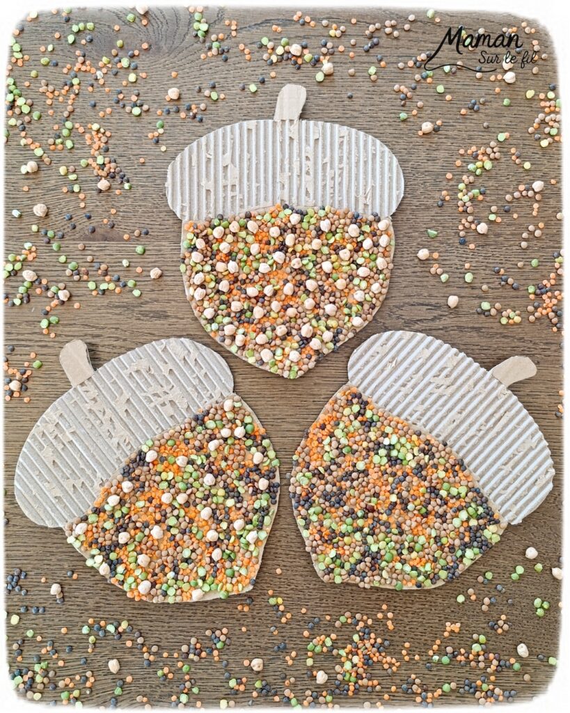 Fabriquer des glands en carton et en légumes secs : activité créative, récup' et manuelle enfants - Recyclage, surcyclage de carton ondulé et déchiré - Collage de légumes secs comme des lentilles (blondes, brunes, corail), des pois cassés, des pois chiche... - Couleurs automnales - Land art d'automne - Bricolage DIY facile et rapide - Thème automne, forêt, bois, chênes, légumes secs, graines, glands, aliments d'automne - Décoration DIY - Bricolage et décoration sympa et facile - Arts visuels maternelle et élémentaire - Cycles 1 et 2 - Créativité - tutoriel photos - mslf