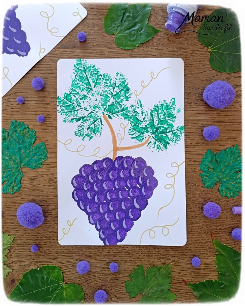 Peindre une grappe de raisin avec des empreintes de feuilles et des pompons : activité créative, peinture et manuelle enfants - Land art, art nature avec empreintes de feuilles de vigne - Dessin - Grains de raisin peints avec un pompon et une pince à linge - Dessin des reflets des grains et graphismes - Bricolage DIY facile et rapide - Thème automne, raisins, fruits et légumes, potager - Décoration DIY - Bricolage et décoration sympa et facile - Arts visuels maternelle et élémentaire - Cycles 1 et 2 - Créativité - tutoriel photos et vidéo - mslf