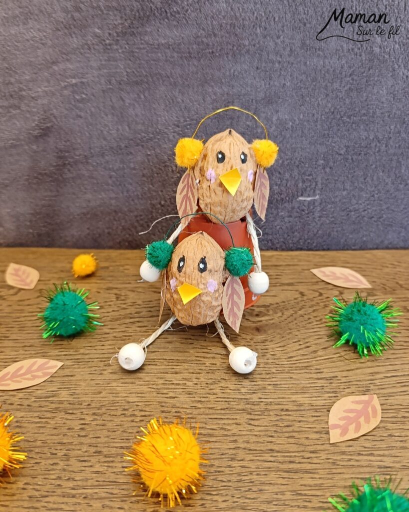 Fabriquer des petits oiseaux d'automne avec des coquilles de noix : activité créative, nature et manuelle enfants - Oiseaux d'automne ou d'hiver avec leur cache-oreilles - Bricolage mignon avec coquilles de noix, pompons, fil de fer, perles, cordelettes, papier - Land art - Couleurs automnales - Bricolage DIY facile et rapide - Thème automne, animaux de la forêt, des bois, oiseaux, nature, hiver - Décoration DIY - Bricolage et décoration sympa et facile - Arts visuels maternelle et élémentaire - Cycles 1 et 2 - Créativité - tutoriel photos - mslf