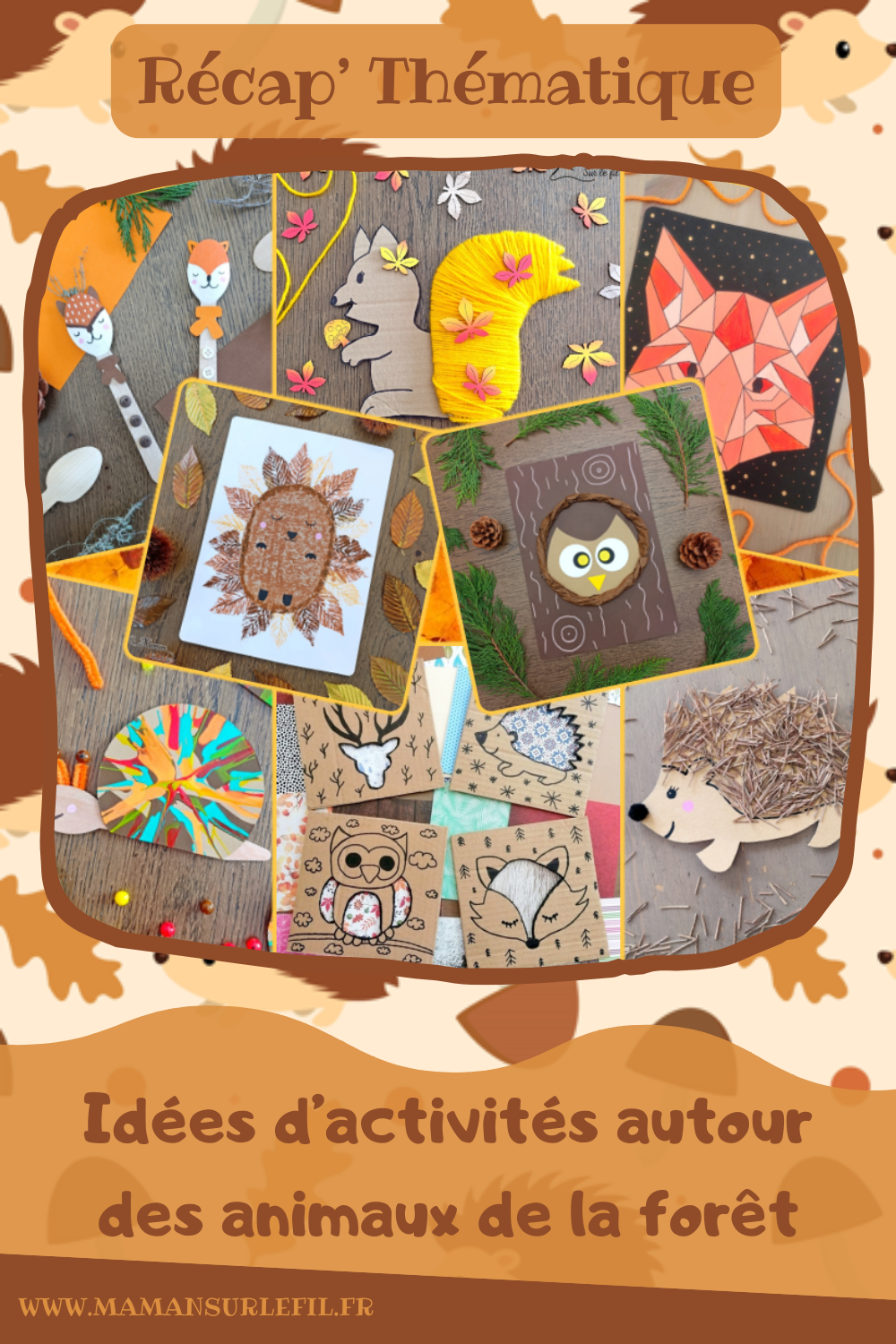 Récapitulatif thématique sur les animaux de la forêt et de la campagne : hérissons, écureuils, hiboux, renards, cerfs, escargots, lapins, insectes, oiseaux... - idées activités lectures jeux sur un thème donné - différents types d'activités créatives et manuelles : sensorielle, papier, récup, peinture, DIY, bricolages, graphismes, dessin... - jeux pédagogiques et éducatifs PDF à imprimer - Arts visuels et bricolages - littérature jeunesse - jeux de société - récap sur le fil - mslf