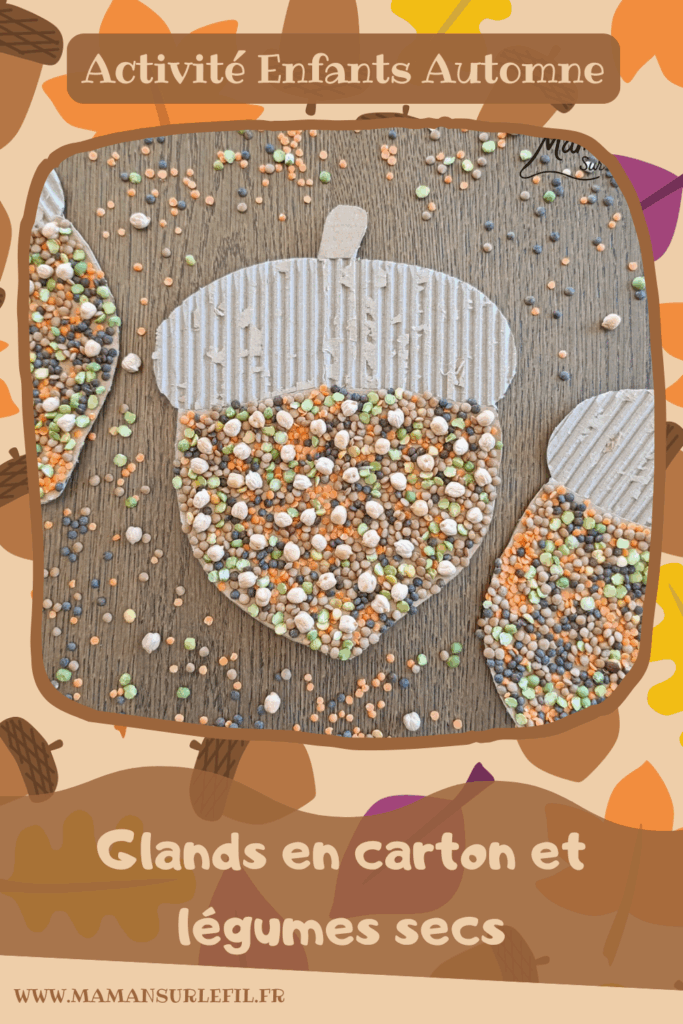 Fabriquer des glands en carton et en légumes secs : activité créative, récup' et manuelle enfants - Recyclage, surcyclage de carton ondulé et déchiré - Collage de légumes secs comme des lentilles (blondes, brunes, corail), des pois cassés, des pois chiche... - Couleurs automnales - Land art d'automne - Bricolage DIY facile et rapide - Thème automne, forêt, bois, chênes, légumes secs, graines, glands, aliments d'automne - Décoration DIY - Bricolage et décoration sympa et facile - Arts visuels maternelle et élémentaire - Cycles 1 et 2 - Créativité - tutoriel photos - mslf