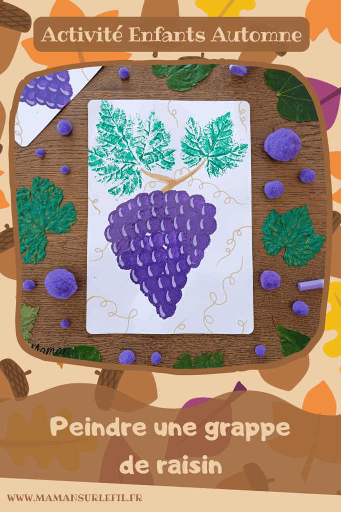 Peindre une grappe de raisin avec des empreintes de feuilles et des pompons : activité créative, peinture et manuelle enfants - Land art, art nature avec empreintes de feuilles de vigne - Dessin - Grains de raisin peints avec un pompon et une pince à linge - Dessin des reflets des grains et graphismes - Bricolage DIY facile et rapide - Thème automne, raisins, fruits et légumes, potager - Décoration DIY - Bricolage et décoration sympa et facile - Arts visuels maternelle et élémentaire - Cycles 1 et 2 - Créativité - tutoriel photos et vidéo - mslf