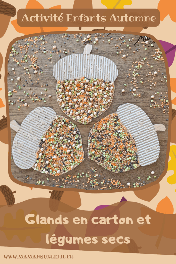 Fabriquer des glands en carton et en légumes secs : activité créative, récup' et manuelle enfants - Recyclage, surcyclage de carton ondulé et déchiré - Collage de légumes secs comme des lentilles (blondes, brunes, corail), des pois cassés, des pois chiche... - Couleurs automnales - Land art d'automne - Bricolage DIY facile et rapide - Thème automne, forêt, bois, chênes, légumes secs, graines, glands, aliments d'automne - Décoration DIY - Bricolage et décoration sympa et facile - Arts visuels maternelle et élémentaire - Cycles 1 et 2 - Créativité - tutoriel photos - mslf