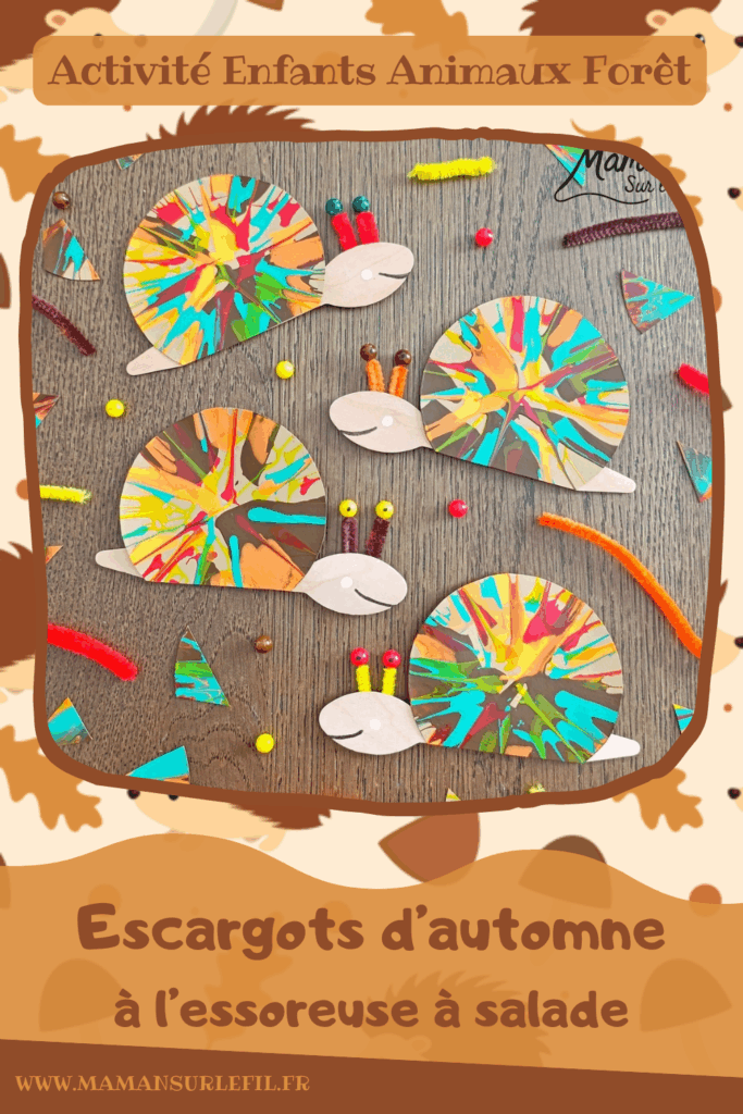 Peindre des escargots d'automne à l'essoreuse à salade : activité créative, peinture, récup' et manuelle enfants - Technique de peinture rigolote et recyclage, surcyclage de cuillères en bois - Coquilles peintes à l'essoreuse - Corps, tête et queue avec cuillères - Antennes et yeux avec fils chenille et perles - Géométrie, utilisation du compas, découpage - Couleurs automnales - Bricolage DIY facile et rapide - Thème automne, animaux de la forêt, des bois, insectes et autres petites bêtes - Décoration DIY - Bricolage et décoration sympa et facile - Arts visuels maternelle et élémentaire - Cycles 1 et 2 - Créativité - tutoriel photos - mslf