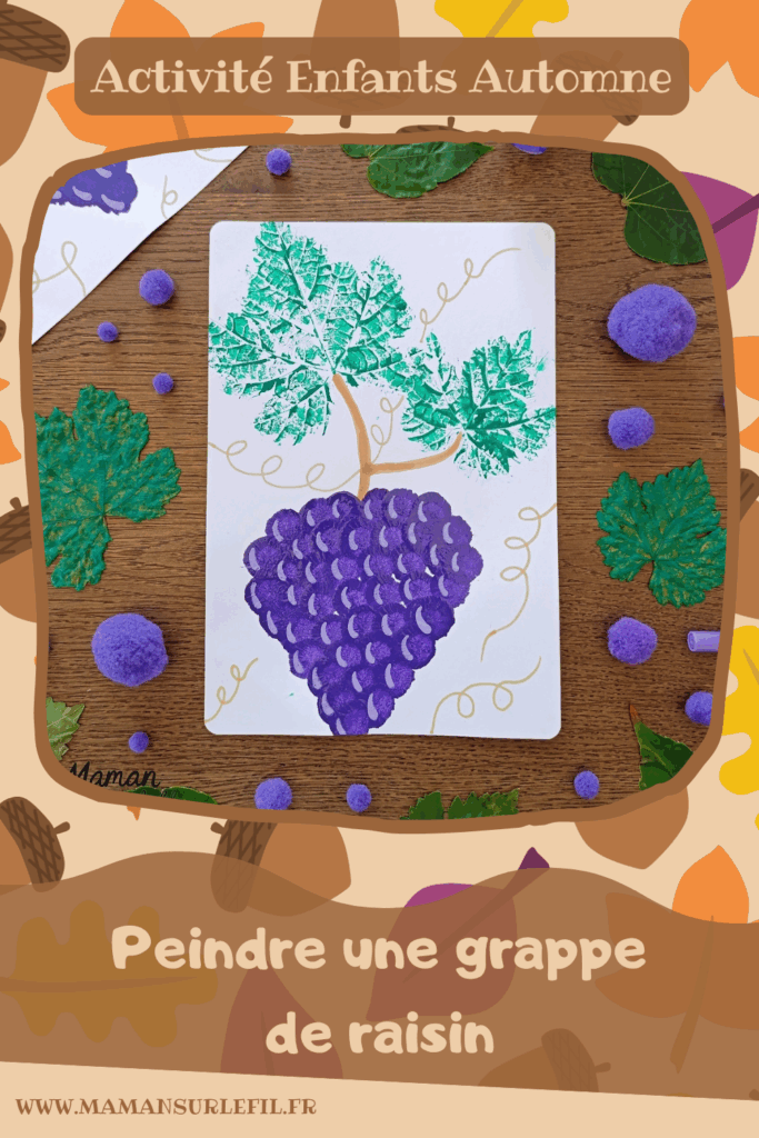 Peindre une grappe de raisin avec des empreintes de feuilles et des pompons : activité créative, peinture et manuelle enfants - Land art, art nature avec empreintes de feuilles de vigne - Dessin - Grains de raisin peints avec un pompon et une pince à linge - Dessin des reflets des grains et graphismes - Bricolage DIY facile et rapide - Thème automne, raisins, fruits et légumes, potager - Décoration DIY - Bricolage et décoration sympa et facile - Arts visuels maternelle et élémentaire - Cycles 1 et 2 - Créativité - tutoriel photos et vidéo - mslf