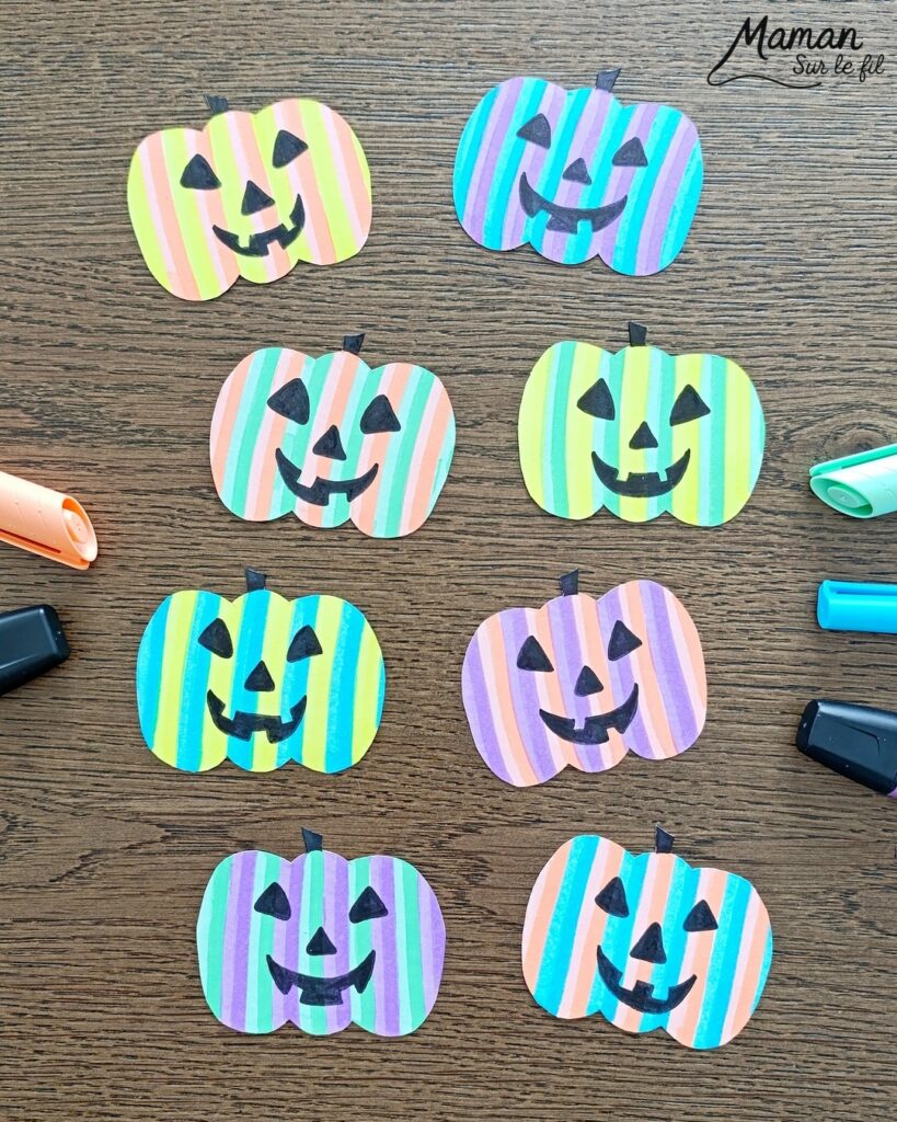 Créer des citrouilles d'Halloween fluos, colorées et psychédéliques : activité créative et manuelle enfants - Découpage, coloriage - Tracé de lignes verticales avec des surligneurs - Dessin - Bricolage et décoration DIY et facile - Bricolage Fait maison, décoration - Thème Halloween, automne, fruits et légumes - Bricolage sympa et facile - Arts visuels Maternelle et cycle 2 - Maternelle et élémentaire - Créativité - Cycle 1 ou 2 - tutoriel photos - mslf