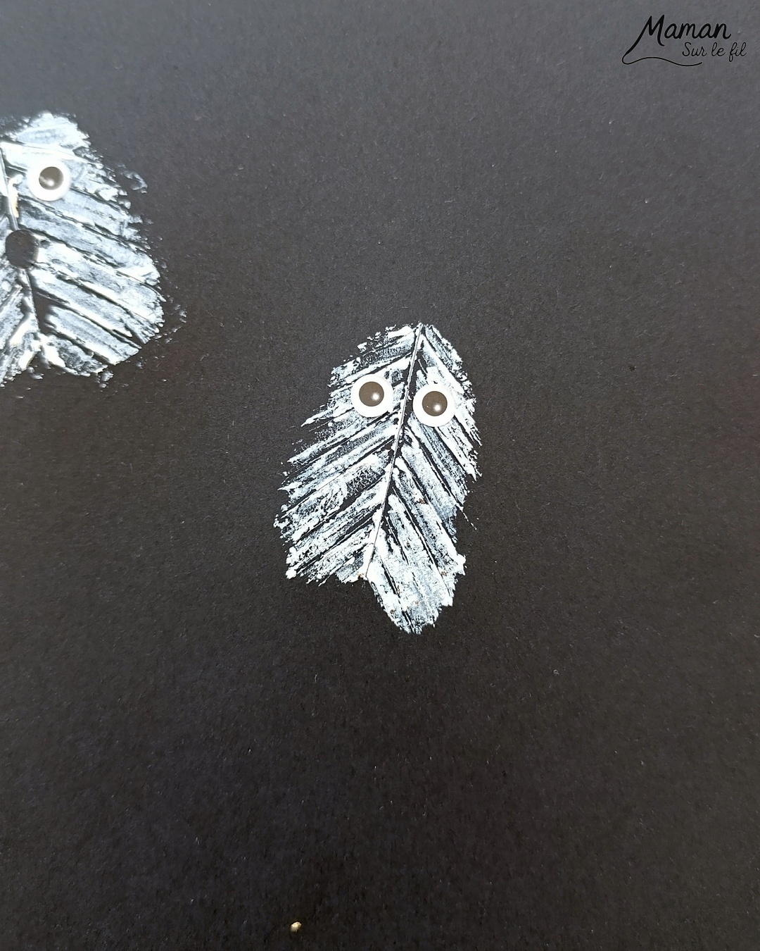 Peindre des fantômes en empreintes de feuilles : activité créative, peinture et manuelle enfants - Utilisation des feuilles mortes d'automne - Les peindre avec de la gouache en stick et utiliser les empreintes - Land art et nature - Gommettes Yeux et dessin - Bricolage et décoration DIY et facile - Bricolage Fait maison, décoration - Thème Halloween, nuit, peur, fantômes - Bricolage sympa et facile - Arts visuels Maternelle et cycle 2 - Maternelle et élémentaire - Créativité - Cycle 1 ou 2 - tutoriel photos et vidéo - mslf