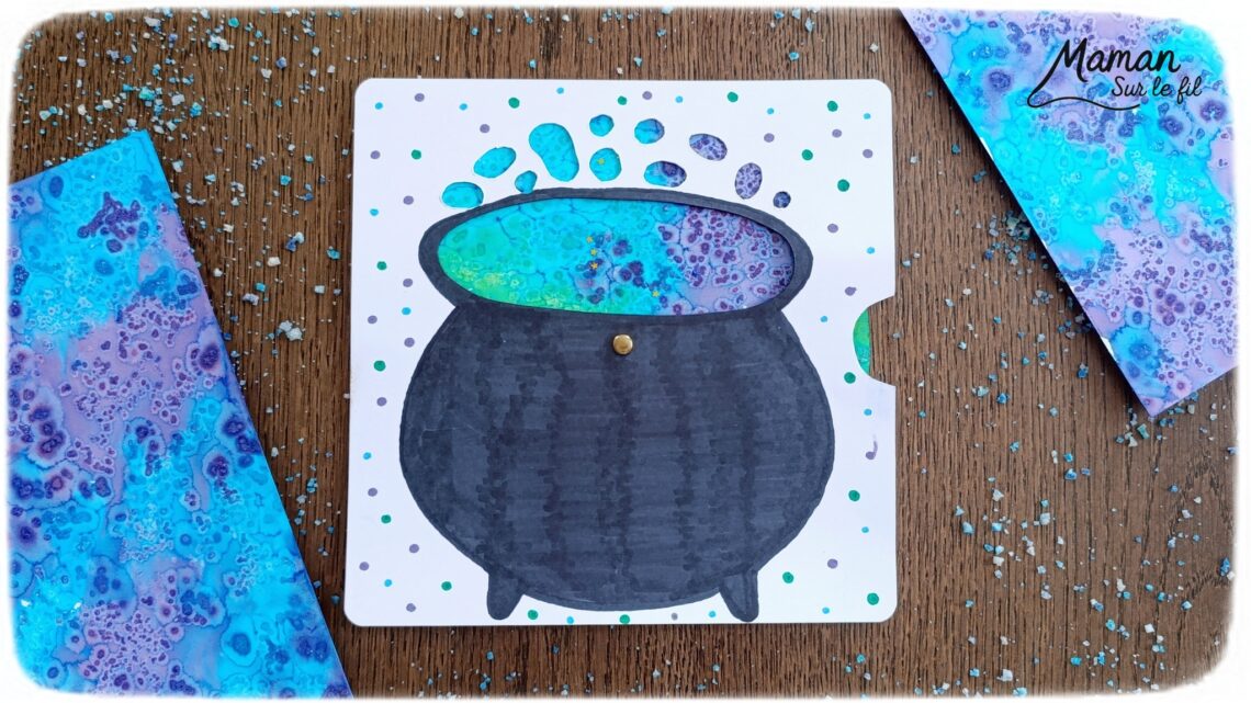 Créer un chaudron et sa potion qui change de couleurs : activité créative, peinture et manuelle enfants - Marmite ou chaudron de sorcière - Changement de couleurs avec système de roue qui tourne - Technique encre et gros sel pour effet Bulles - Gel pailleté et paillettes - Découpage, dessin, coloriage - attache parisienne - Bricolage et décoration DIY et facile - Bricolage Fait maison, décoration - Thème Halloween, potion, sorcière, peur - Bricolage sympa et facile - Arts visuels Maternelle et cycle 2 - Maternelle et élémentaire - Créativité - Cycle 1 ou 2 - tutoriel photos et vidéo - mslf