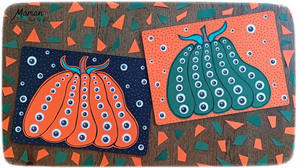 Créer des citrouilles effrayantes d'Halloween pleines d'yeux : activité créative et manuelle enfants - Dessin, et découpage de la citrouille - Collage de gommettes Yeux de différentes tailles - Classement du plus grand au plus petit - Collage - Bricolage et décoration DIY et facile - Bricolage Fait maison, décoration - Thème Halloween, automne, fruits et légumes, peur, potager - Bricolage sympa et facile - Arts visuels Maternelle et cycle 2 - Maternelle et élémentaire - Créativité - Cycle 1 ou 2 - tutoriel photos - mslf