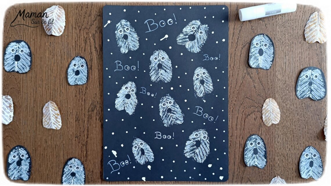 Peindre des fantômes en empreintes de feuilles : activité créative, peinture et manuelle enfants - Utilisation des feuilles mortes d'automne - Les peindre avec de la gouache en stick et utiliser les empreintes - Land art et nature - Gommettes Yeux et dessin - Bricolage et décoration DIY et facile - Bricolage Fait maison, décoration - Thème Halloween, nuit, peur, fantômes - Bricolage sympa et facile - Arts visuels Maternelle et cycle 2 - Maternelle et élémentaire - Créativité - Cycle 1 ou 2 - tutoriel photos et vidéo - mslf