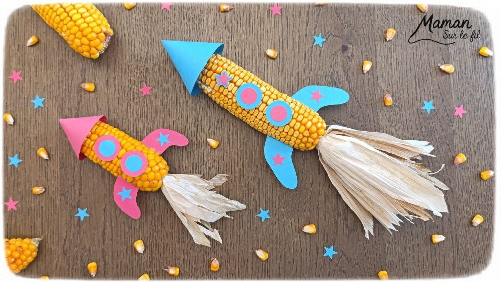 Fabriquer des fusées avec des épis de maïs : activité créative, nature et manuelle enfants - Land art - Découpage, collage de papier pour les détails - Géométrie, utilisation du compas - Bricolage et décoration DIY et facile - Bricolage Fait maison, décoration - Thème Nuit, Ciel, Espace, étoiles - Bricolage sympa et facile - Arts visuels Maternelle et cycle 2 - Maternelle et élémentaire - Créativité - Cycle 1 ou 2 - tutoriel photos - mslf