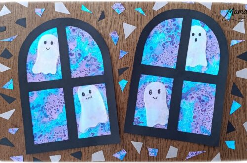 Imaginer des petits fantômes gentils à la fenêtre : activité créative et manuelle enfants - Fond de nuit avec la technique de l'encre et du gros sel - Couleurs bleu et violet - Encadrement de la fenêtre en noir pour le contraste - Fantômes en papier calque pour le côté vaporeux et transparent - Découpage, collage, dessin - Bricolage et décoration DIY et facile - Bricolage Fait maison, décoration - Thème Halloween, nuit, peur, fantômes - Bricolage sympa et facile - Arts visuels Maternelle et cycle 2 - Maternelle et élémentaire - Créativité - Cycle 1 ou 2 - tutoriel photos - mslf