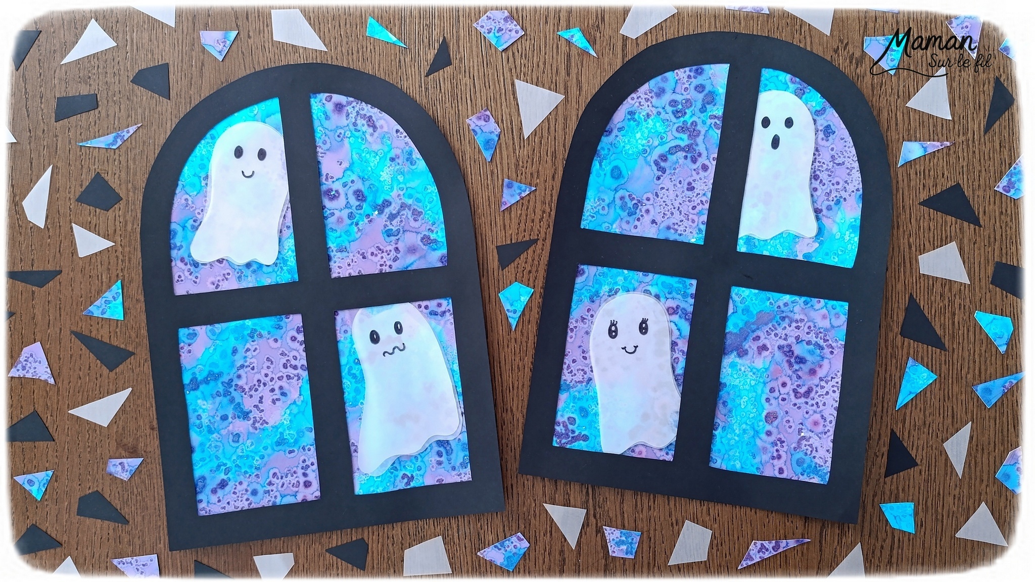 Imaginer des petits fantômes gentils à la fenêtre : activité créative et manuelle enfants - Fond de nuit avec la technique de l'encre et du gros sel - Couleurs bleu et violet - Encadrement de la fenêtre en noir pour le contraste - Fantômes en papier calque pour le côté vaporeux et transparent - Découpage, collage, dessin - Bricolage et décoration DIY et facile - Bricolage Fait maison, décoration - Thème Halloween, nuit, peur, fantômes - Bricolage sympa et facile - Arts visuels Maternelle et cycle 2 - Maternelle et élémentaire - Créativité - Cycle 1 ou 2 - tutoriel photos - mslf