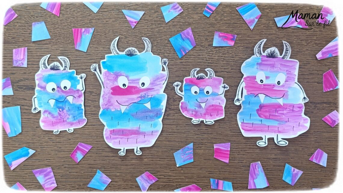 Peindre une famille de petits monstres mignons et colorés : activité créative, peinture et manuelle enfants - Peinture façon aquarelle - Bandes gribouillées - Couleurs bleu, rose et violet - Dessin des détails en noir pour le contraste - Découpage et collage des yeux et dents pour un air rigolo - Bricolage et décoration DIY et facile - Bricolage Fait maison, décoration - Thème Halloween, créatures imaginaires, monstres - Bricolage sympa et facile - Arts visuels Maternelle et cycle 2 - Maternelle et élémentaire - Créativité - Cycle 1 ou 2 - tutoriel photos - mslf