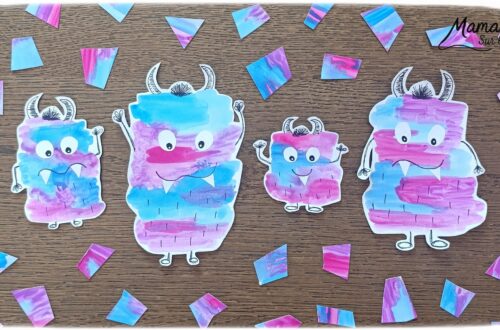 Peindre une famille de petits monstres mignons et colorés : activité créative, peinture et manuelle enfants - Peinture façon aquarelle - Bandes gribouillées - Couleurs bleu, rose et violet - Dessin des détails en noir pour le contraste - Découpage et collage des yeux et dents pour un air rigolo - Bricolage et décoration DIY et facile - Bricolage Fait maison, décoration - Thème Halloween, créatures imaginaires, monstres - Bricolage sympa et facile - Arts visuels Maternelle et cycle 2 - Maternelle et élémentaire - Créativité - Cycle 1 ou 2 - tutoriel photos - mslf