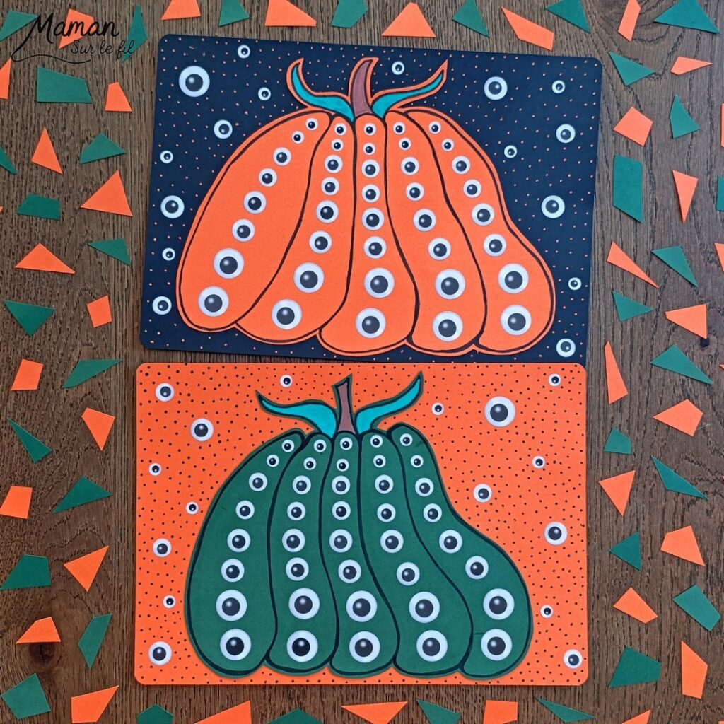Créer des citrouilles effrayantes d'Halloween pleines d'yeux : activité créative et manuelle enfants - Dessin, et découpage de la citrouille - Collage de gommettes Yeux de différentes tailles - Classement du plus grand au plus petit - Collage - Bricolage et décoration DIY et facile - Bricolage Fait maison, décoration - Thème Halloween, automne, fruits et légumes, peur, potager - Bricolage sympa et facile - Arts visuels Maternelle et cycle 2 - Maternelle et élémentaire - Créativité - Cycle 1 ou 2 - tutoriel photos - mslf