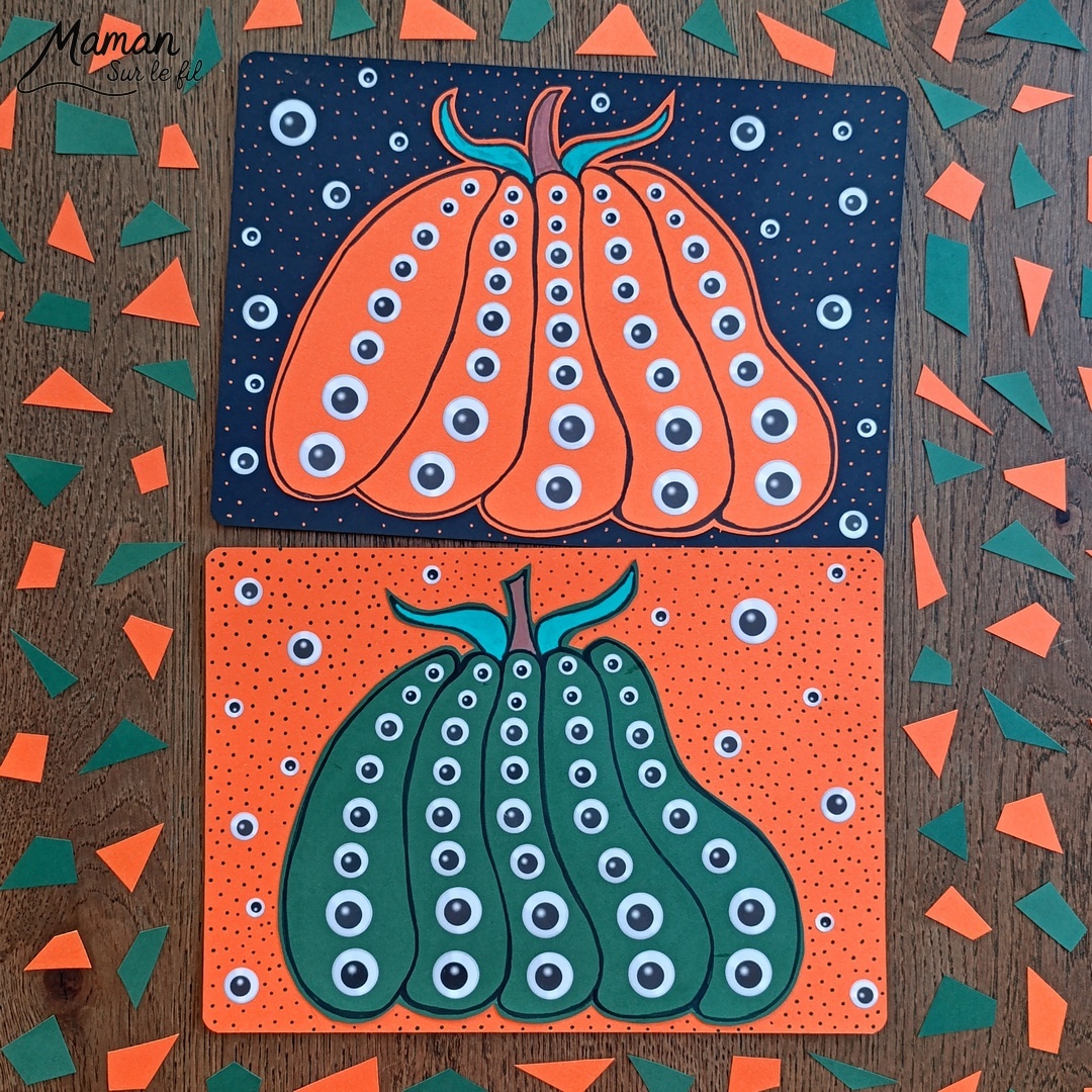 Créer des citrouilles effrayantes d'Halloween pleines d'yeux : activité créative et manuelle enfants - Dessin, et découpage de la citrouille - Collage de gommettes Yeux de différentes tailles - Classement du plus grand au plus petit - Collage - Bricolage et décoration DIY et facile - Bricolage Fait maison, décoration - Thème Halloween, automne, fruits et légumes, peur, potager - Bricolage sympa et facile - Arts visuels Maternelle et cycle 2 - Maternelle et élémentaire - Créativité - Cycle 1 ou 2 - tutoriel photos - mslf