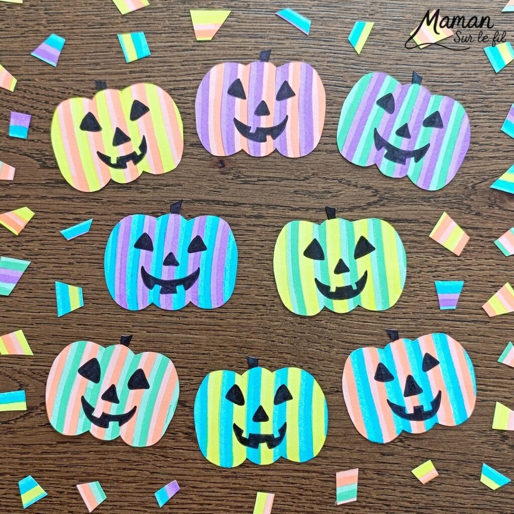 Créer des citrouilles d'Halloween fluos, colorées et psychédéliques : activité créative et manuelle enfants - Découpage, coloriage - Tracé de lignes verticales avec des surligneurs - Dessin - Bricolage et décoration DIY et facile - Bricolage Fait maison, décoration - Thème Halloween, automne, fruits et légumes - Bricolage sympa et facile - Arts visuels Maternelle et cycle 2 - Maternelle et élémentaire - Créativité - Cycle 1 ou 2 - tutoriel photos - mslf